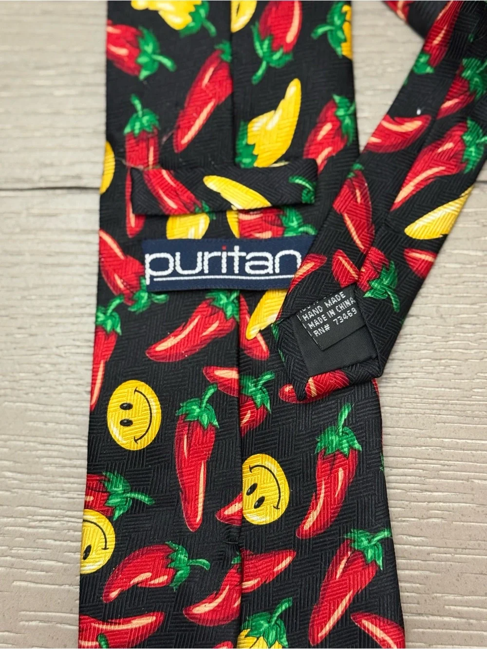 Puritan VintageBlack Tie with Red & Yellow Chili Peppers and Yellow Smiley Faces